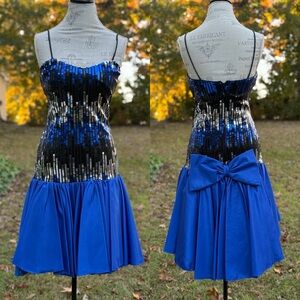 Vintage Dave & Johnny Drop Waist Sequin Bow Blue Black Evening Dress Size 11/12